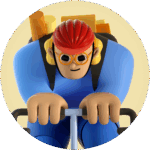 Cartoon cyclist in red helmet biking.