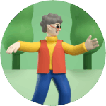 Cartoon character dancing outdoors with trees