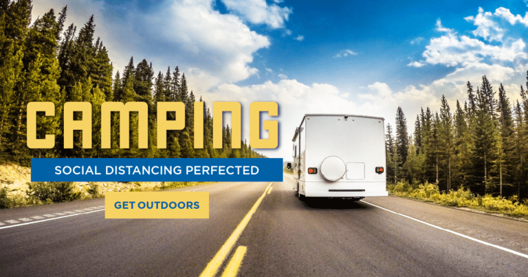 A marketing campaign showcasing an rv driving down a road with the words camping social distancing preferred to emphasize safety and outdoor adventures.