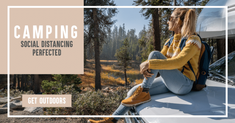 A woman showcases the perfection of camping social media with strategic marketing efforts as she sits on the back of an RV.