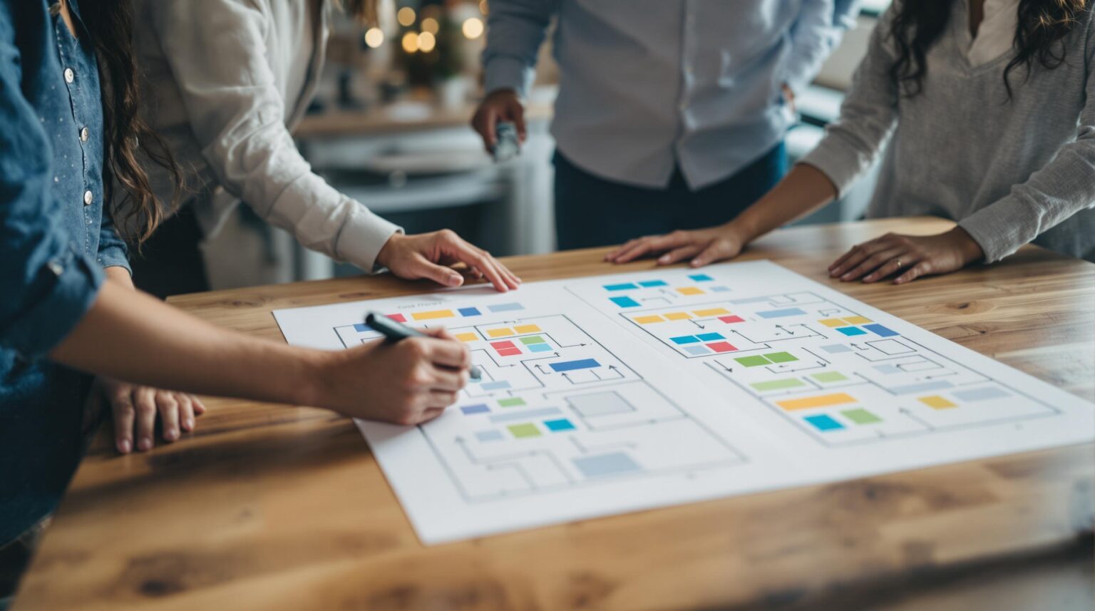 Three diverse UX researchers review two printed floor-plan layouts on a table in a modern co-working space, collaborating on guest flow A/B testing.