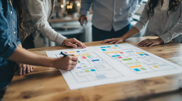 Three diverse UX researchers review two printed floor-plan layouts on a table in a modern co-working space, collaborating on guest flow A/B testing.