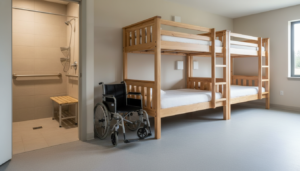 Spacious bunkhouse interior with accessible bunk beds, a wheelchair, and a visible roll-in shower with grab bars and a fold-down bench, all in a bright, welcoming setting.
