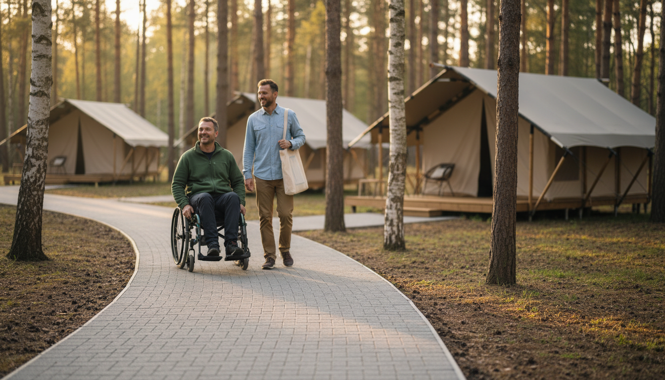 A camper in a wheelchair and a companion travel along a wide, UV-resistant, non-slip walkway through a wooded glamping site with canvas tents in the background, under soft morning sunlight.