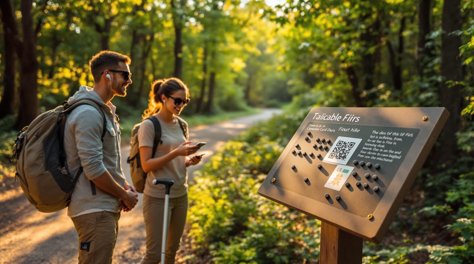 A visually impaired hiker uses a white cane and reads a Braille panel on a forest trail information post with a QR code, accompanied by a supportive friend under sunlit trees.