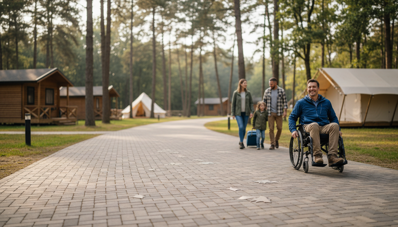 A wheelchair user and a family walk along an accessible paver pathway at a campground, with tents and cabins in the background among trees on a sunny day.