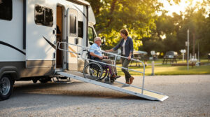 A person in a wheelchair uses an aluminum ADA ramp with a weatherproof cover to enter an RV at a generic campground, assisted by a companion, with blurred trees and picnic tables in the background.