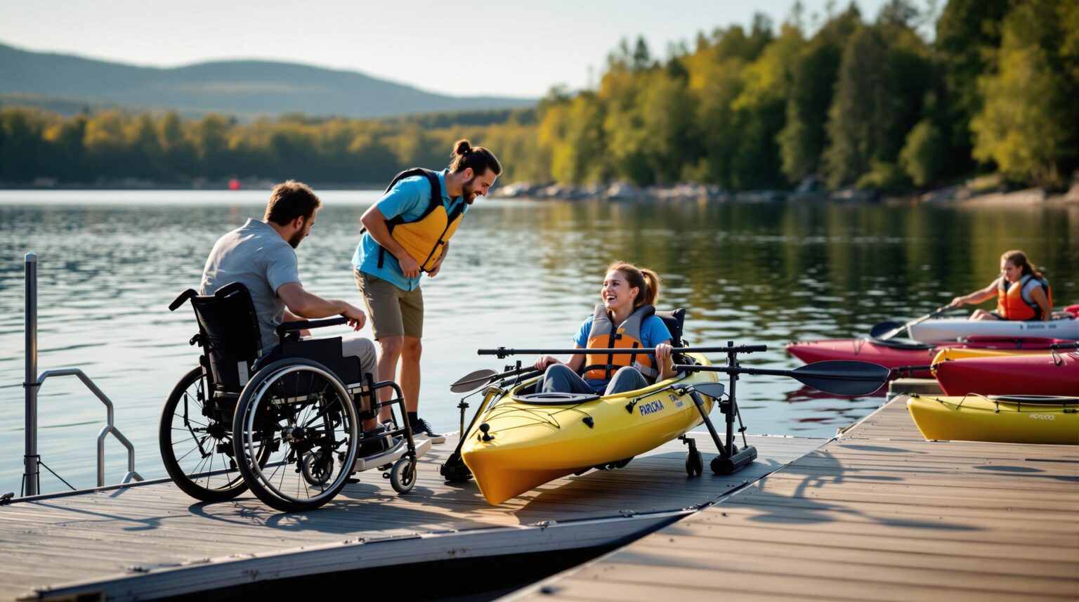 A staff member assists a woman transferring from a wheelchair into an adaptive kayak on a floating launch platform at a lakeside rental area, with other kayakers and equipment nearby under sunny skies.