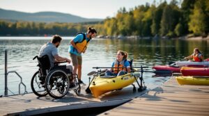 A staff member assists a woman transferring from a wheelchair into an adaptive kayak on a floating launch platform at a lakeside rental area, with other kayakers and equipment nearby under sunny skies.