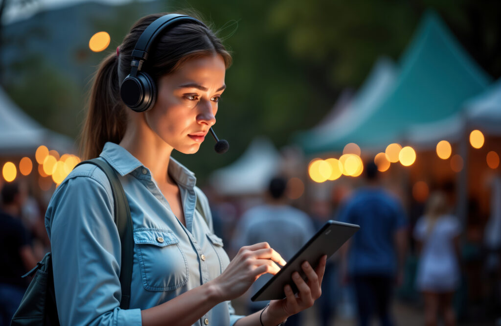 Woman with headset using tablet outdoors