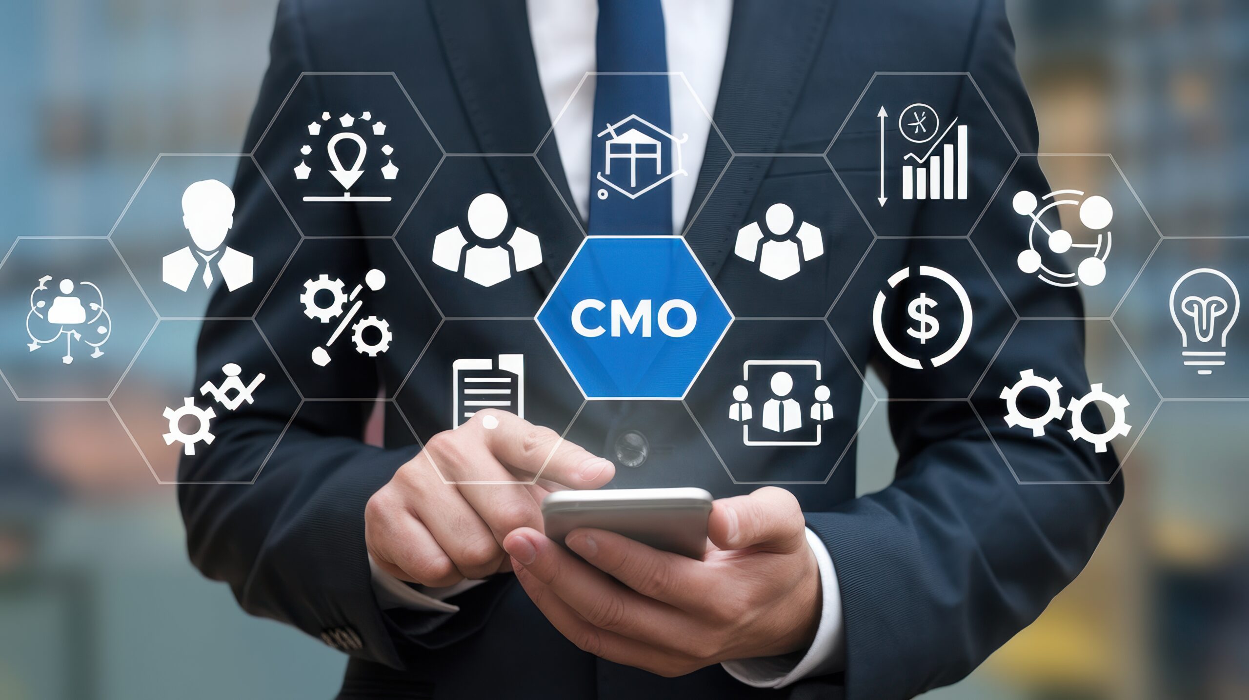 CMO business strategy icons on touchscreen interface