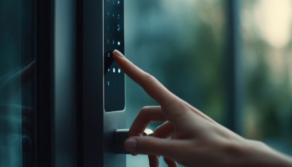 Finger pressing keypad on modern door lock