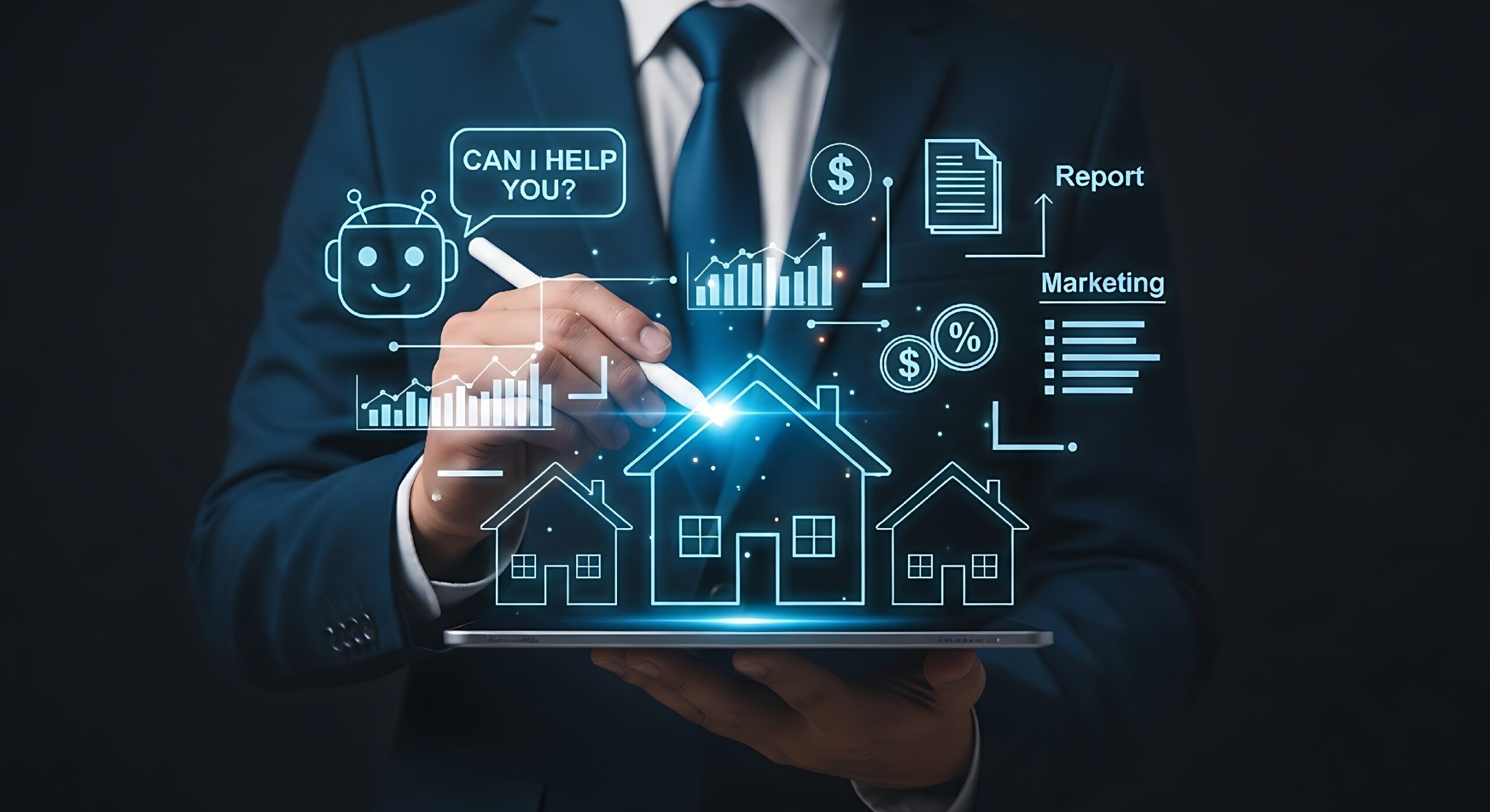 Businessman using tablet with virtual analytics icons.