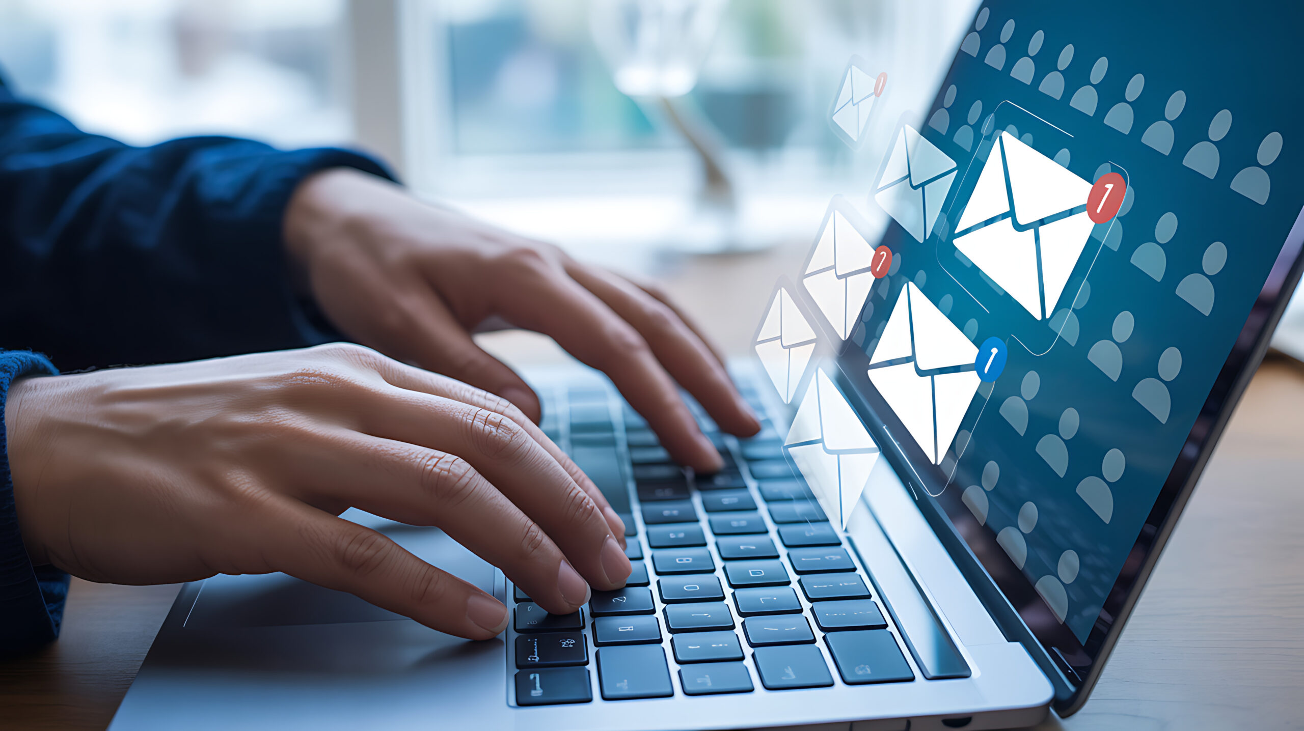 Hands typing on laptop with email notifications