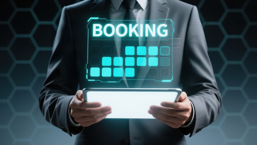 Businessman holding tablet with booking app.