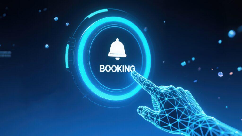 Digital hand tapping booking notification button.