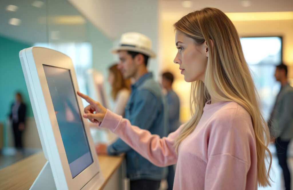 Woman using a touchscreen kiosk.