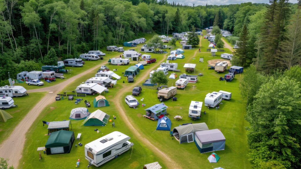 Aerial view of forest campground with tents, RVs.