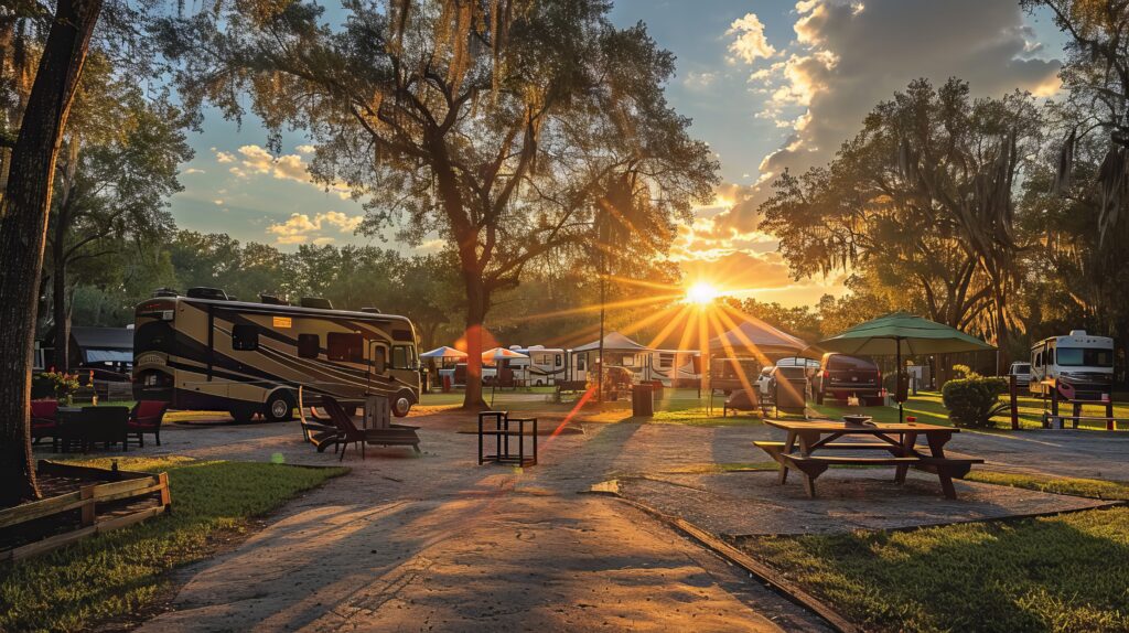 Sunset over RV campsite with picnic tables.