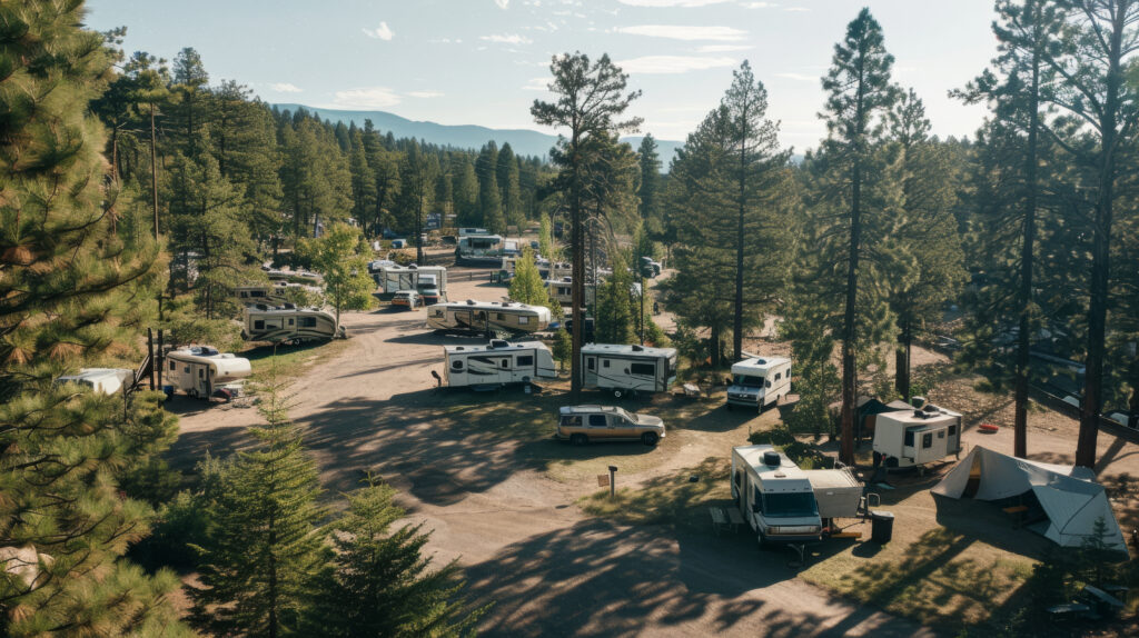 RV campgrounds amid forested area with mountains