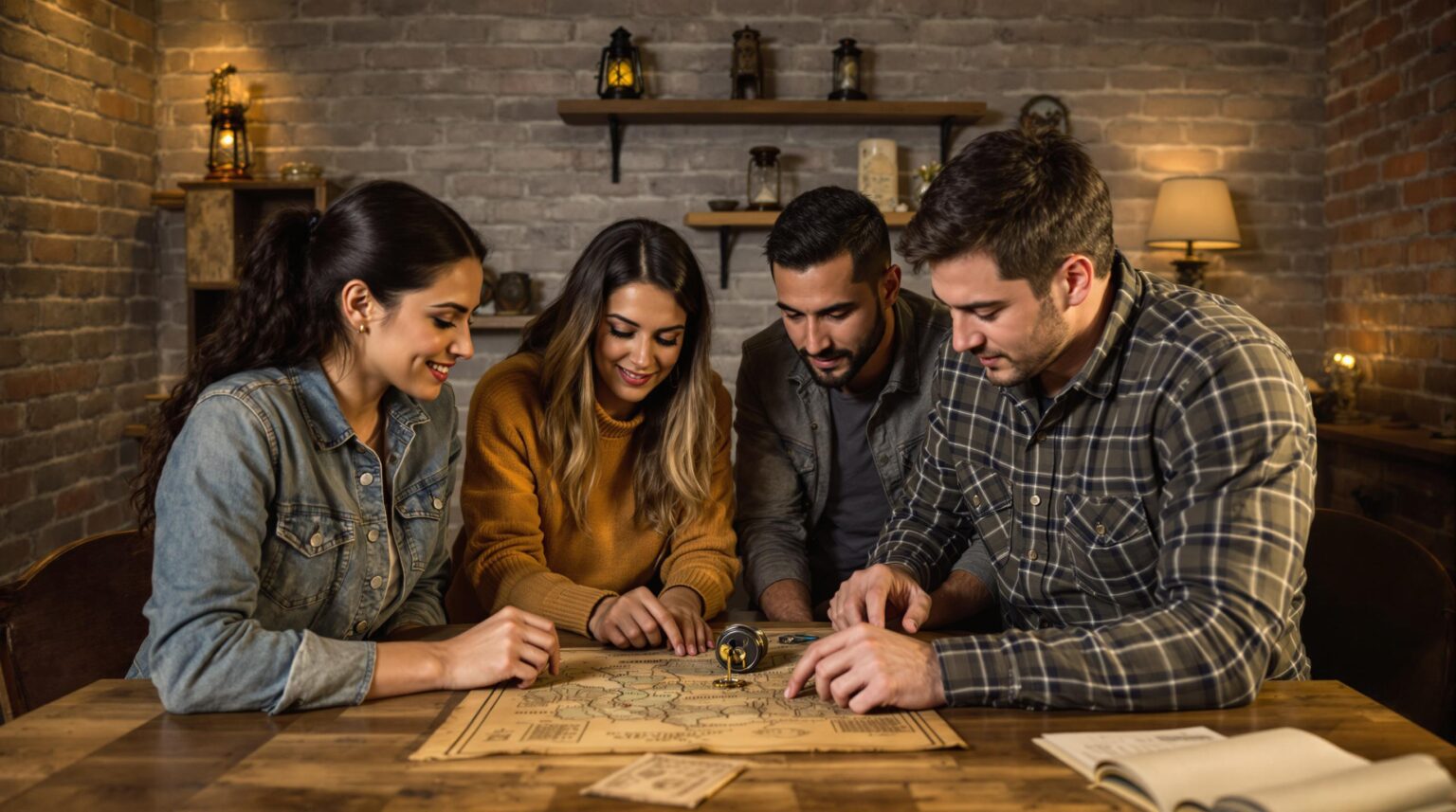 Four adults solving puzzles together in a generic escape room, examining a lock and map on a wooden table, with diverse teamwork and focused expressions in a neutral, unbranded setting.