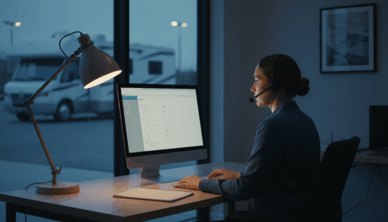 Customer service agent with headset sits at a desk in a softly lit office at night, looking at a computer monitor, with a parked RV visible outside a window in the background.