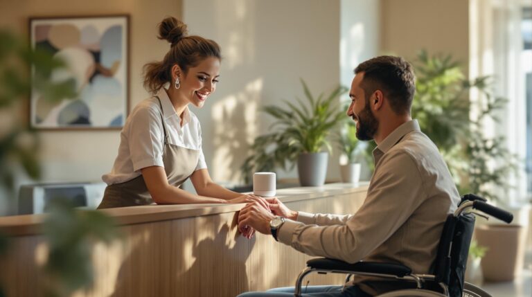 Hotel front desk attendant assists guest in wheelchair using AI voice device in modern, unbranded lobby with warm lighting and abstract decor