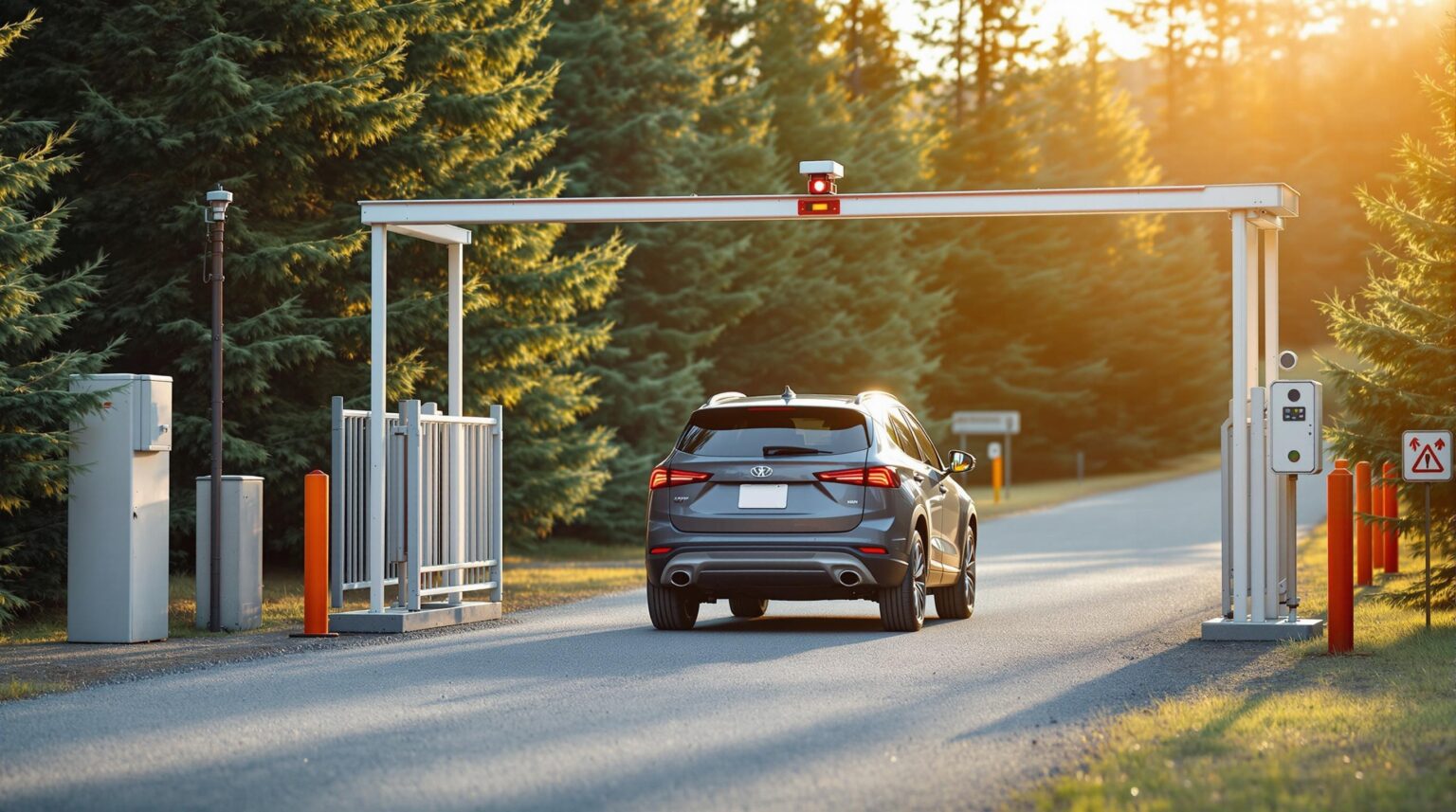 SUV approaches automated campground gate with security camera and barrier, surrounded by evergreen trees on a gravel road in warm sunlight.