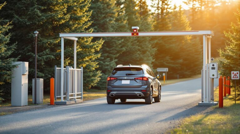 SUV approaches automated campground gate with security camera and barrier, surrounded by evergreen trees on a gravel road in warm sunlight.