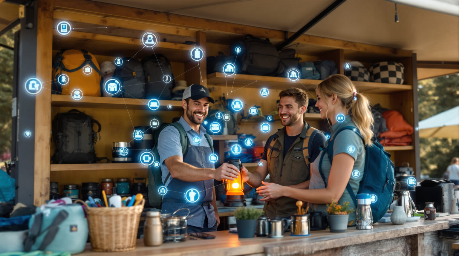 Campground gear rental booth with friendly attendant handing an orange lantern to a smiling couple, surrounded by camping equipment and subtle glowing holographic icons, set against a generic outdoor background with evergreen trees.