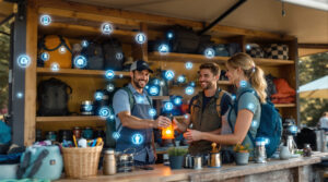 Campground gear rental booth with friendly attendant handing an orange lantern to a smiling couple, surrounded by camping equipment and subtle glowing holographic icons, set against a generic outdoor background with evergreen trees.