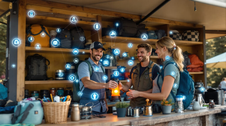 Campground gear rental booth with friendly attendant handing an orange lantern to a smiling couple, surrounded by camping equipment and subtle glowing holographic icons, set against a generic outdoor background with evergreen trees.