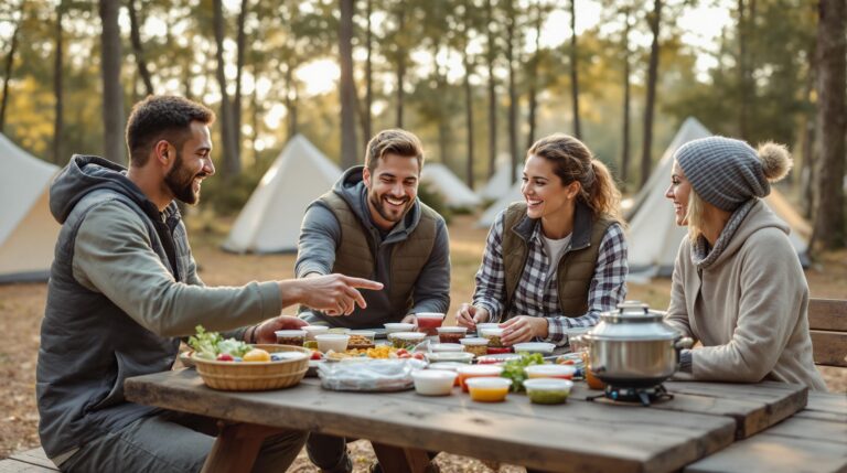 Four diverse campers sit at a rustic picnic table outdoors, smiling and discussing organized meal containers and camping cookware, with soft sunlight filtering through blurred trees and tents in the background.