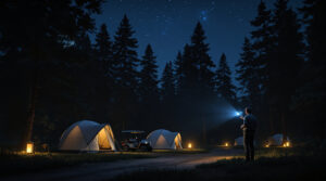 Security guard with flashlight and drone patrolling a moonlit, generic forest campground with tents and lanterns at night.