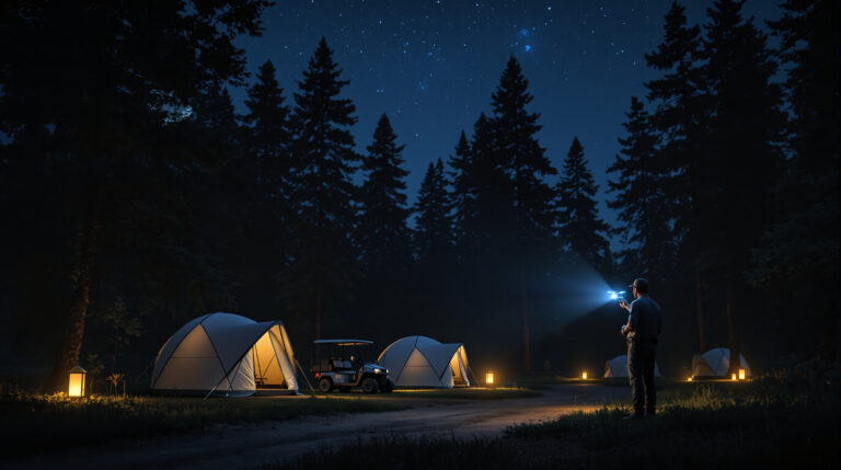 Security guard with flashlight and drone patrolling a moonlit, generic forest campground with tents and lanterns at night.