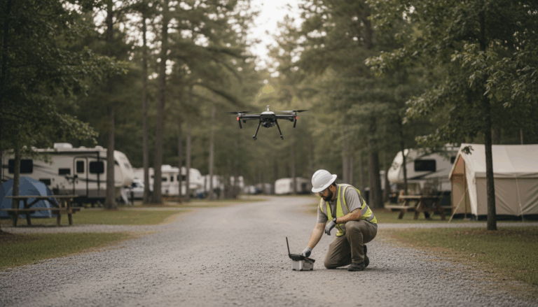 A maintenance worker in a safety vest inspects a gravel campground road with a handheld sensor while a small drone hovers overhead; unbranded campers and pine trees are visible in the background.