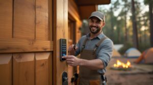 Campground staff installing a smart keypad lock on a wooden cabin door with tents and trees blurred in the background