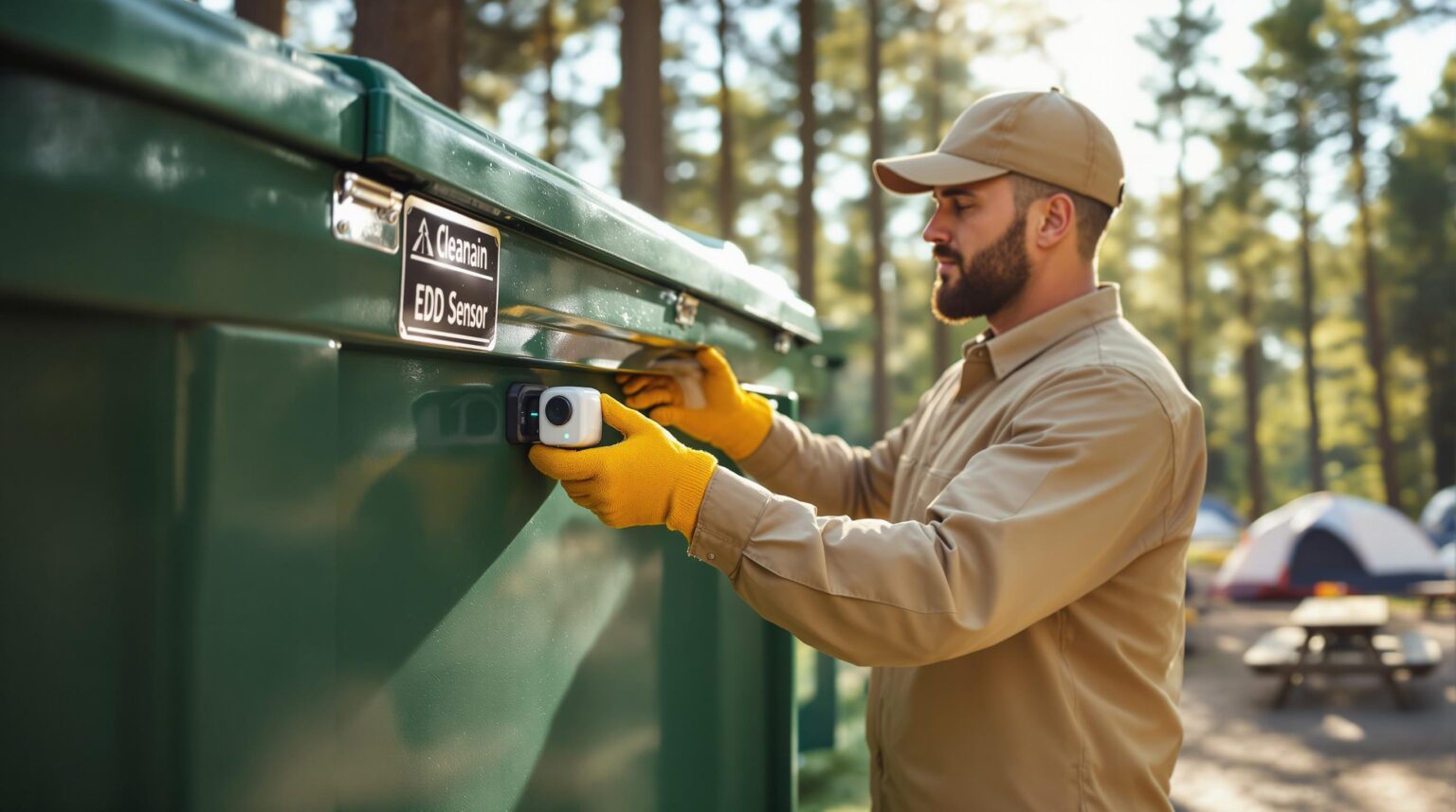 Maintenance worker installing a smart sensor on a green dumpster at a forest campground with tents and picnic tables blurred in the background.