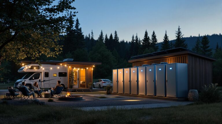 Modern campground at dusk with battery storage units, solar panels, electric RV, and campers by a fire pit, surrounded by trees and soft string lights.