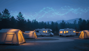 A twilight campground with tents and RVs softly lit among pine trees, overlaid with subtle glowing network lines symbolizing artificial intelligence integration in outdoor booking.