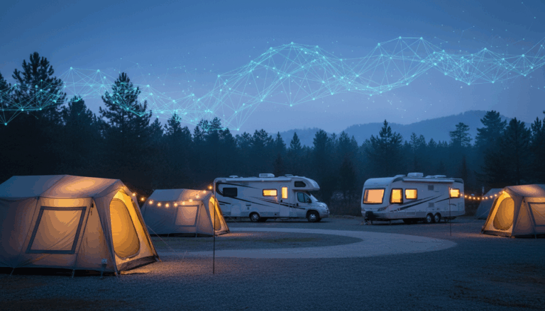 A twilight campground with tents and RVs softly lit among pine trees, overlaid with subtle glowing network lines symbolizing artificial intelligence integration in outdoor booking.