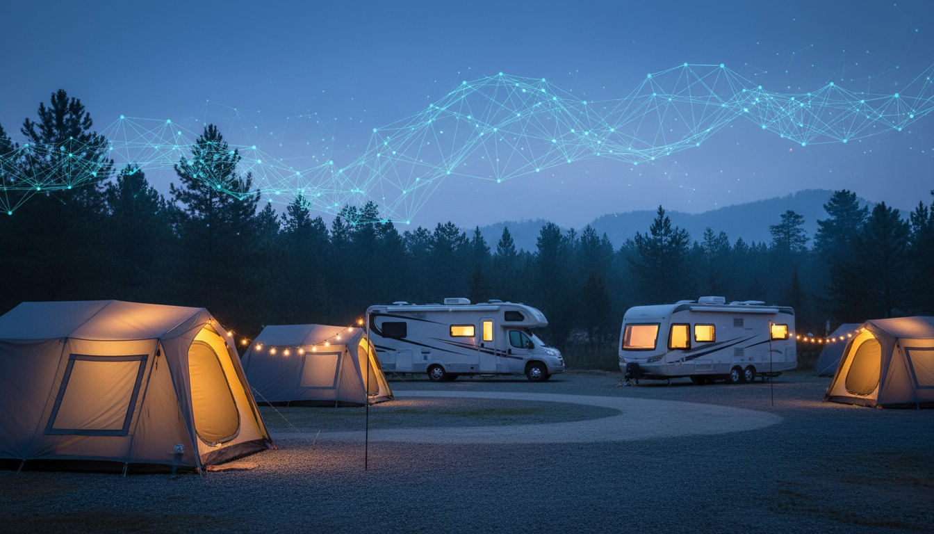 A twilight campground with tents and RVs softly lit among pine trees, overlaid with subtle glowing network lines symbolizing artificial intelligence integration in outdoor booking.