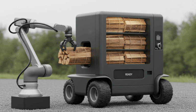 A mobile firewood vending machine with a robotic arm loading firewood bundles, set outdoors on gravel with a blurred, unidentifiable background.