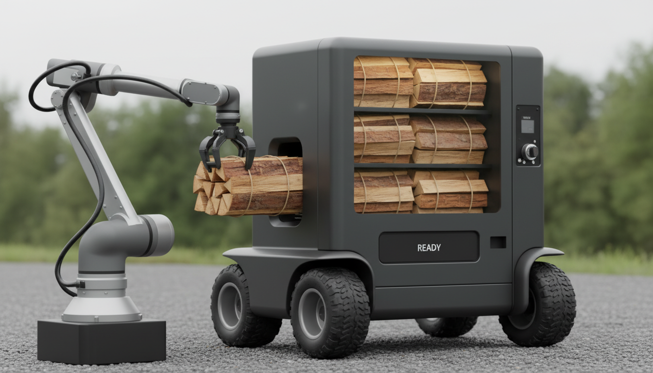 A mobile firewood vending machine with a robotic arm loading firewood bundles, set outdoors on gravel with a blurred, unidentifiable background.