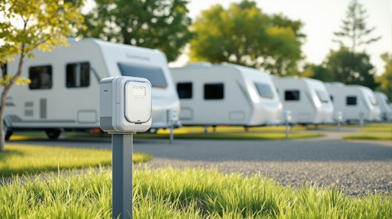 Three modern RVs parked on gravel pads in a generic RV park with a smart utility pedestal and visible sensors in the foreground, surrounded by green grass and blurred trees in the background, under soft morning light.