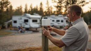 Campground manager adjusting pest sensor near RVs at tidy campsite, with relaxed guests and trees in the background on a sunny day