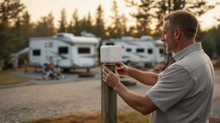 Campground manager adjusting pest sensor near RVs at tidy campsite, with relaxed guests and trees in the background on a sunny day