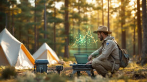 Environmental scientist monitors pest sensor with holographic data overlay at a woodland campground, tents and trees softly blurred in background, warm sunlight filtering through forest.
