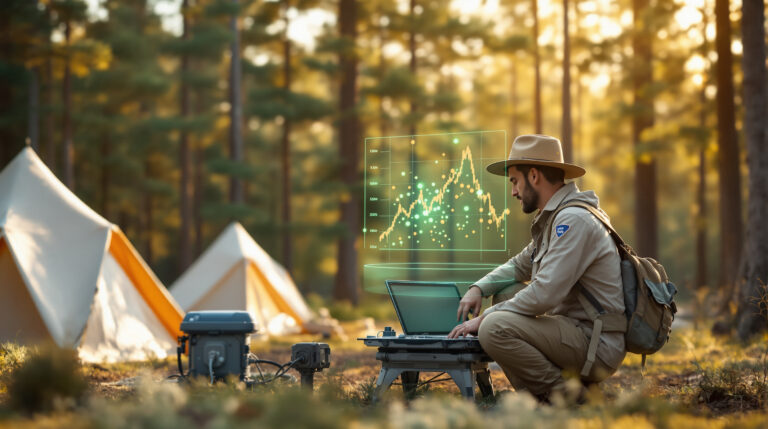 Environmental scientist monitors pest sensor with holographic data overlay at a woodland campground, tents and trees softly blurred in background, warm sunlight filtering through forest.