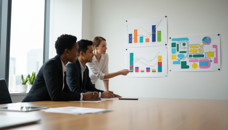 Three business professionals analyzing colorful charts and an abstract theme park map in a bright, modern meeting room, collaborating on data-driven strategies.